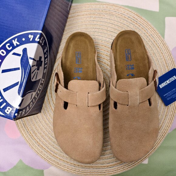 Birkenstock Boston Clogs | Women's Narrow Fit Latte Cream Suede - Picture 1 of 6